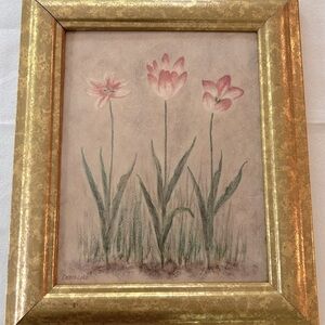 VTG Debra Lake Pink Blossoms Floral 8 x 10 Artist Print in Wood Gold Frame.